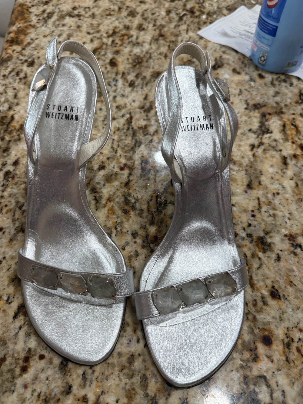 Stuart Weitzman Silver Metallic Crystal Embellished Slingback Heels